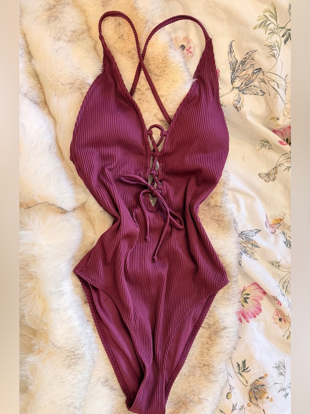 Ribbed Lace-Up One-Piece Swimsuit in Berry